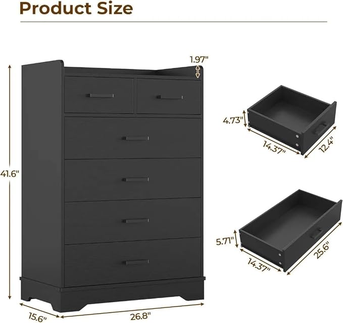 Dresha™ | Large Capacity 6-Drawer Wooden Dresser: Tall Vertical Storage Chest for Clothes & More
