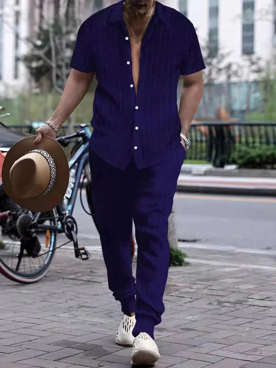 Men's Full Size Collared Neck Short Sleeve Top and Pants Set Plus Size
