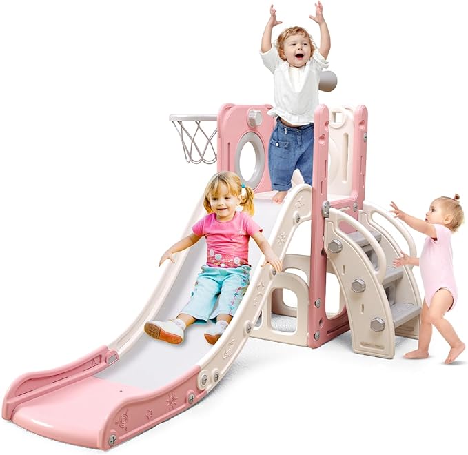 Slydle™ | 6 in 1 Toddler Playset with Slide,Toddler Slide,Slide for Kids with Basketball Hoop,Ball,Ring Toss