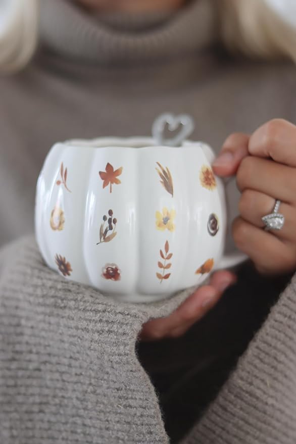 Muggie™  | Mini Pumpkin Mug Set, 2-Piece Floral Ceramic Cups for Coffee & Tea