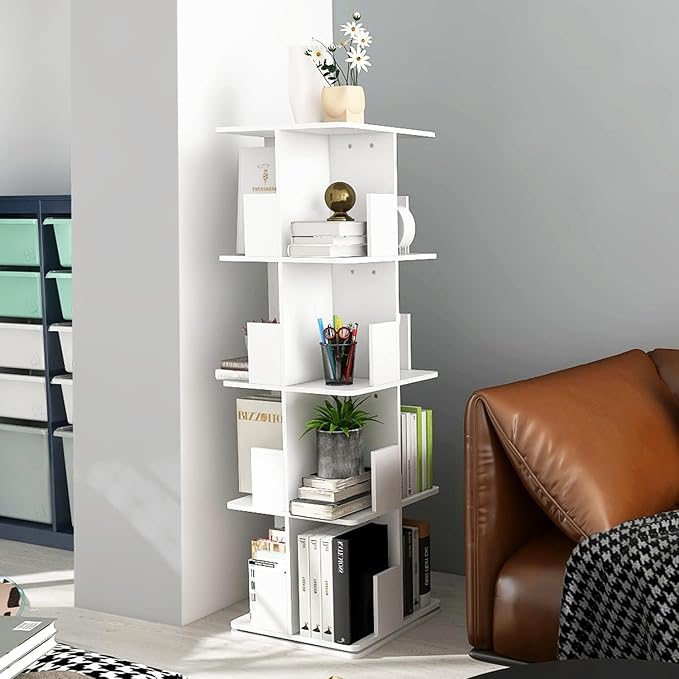 Orvina™ | 360° Rotating 4-Tier Bookshelf – Space-Saving Corner Shelf