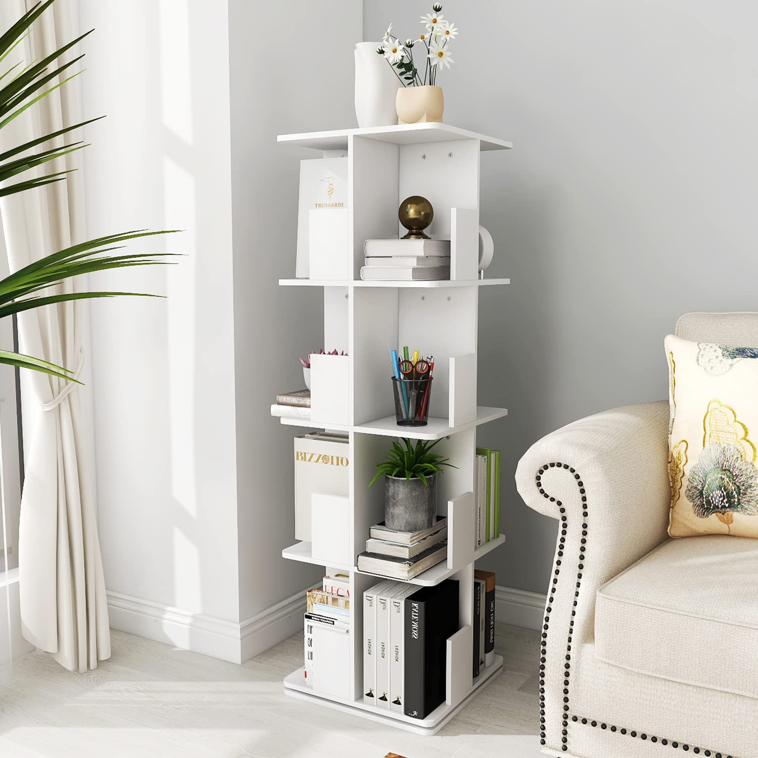 Orvina™ | 360° Rotating 4-Tier Bookshelf – Space-Saving Corner Shelf