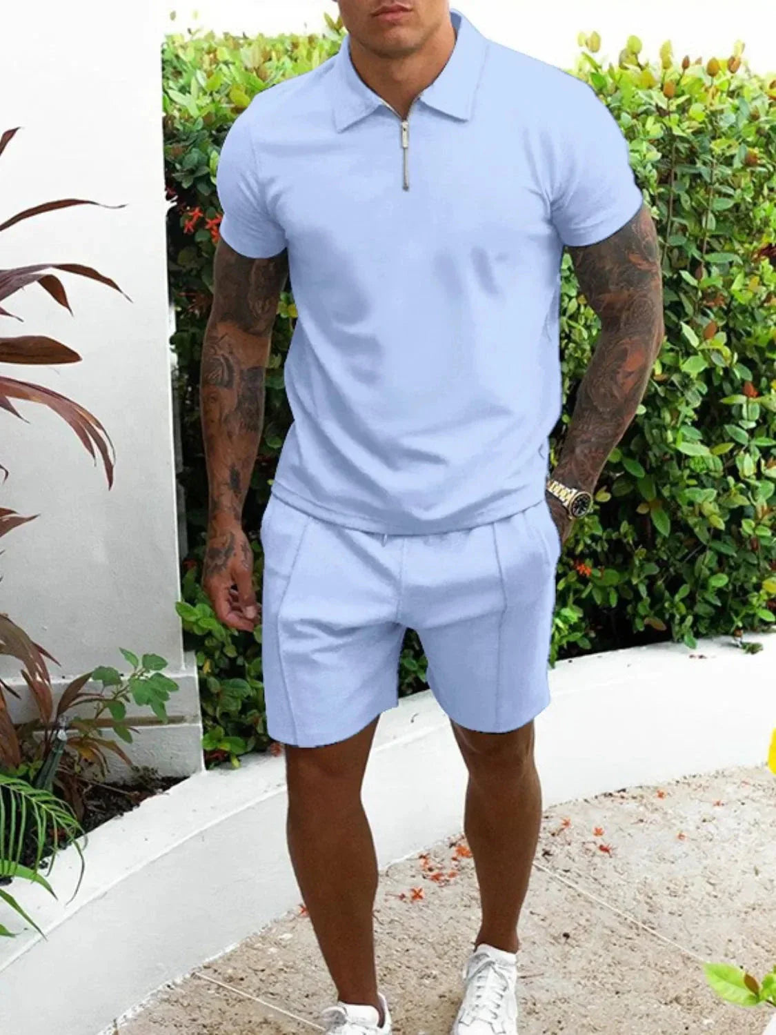 Men's Full Size Collared Neck Short Sleeve Top and Shorts Set Plus Size