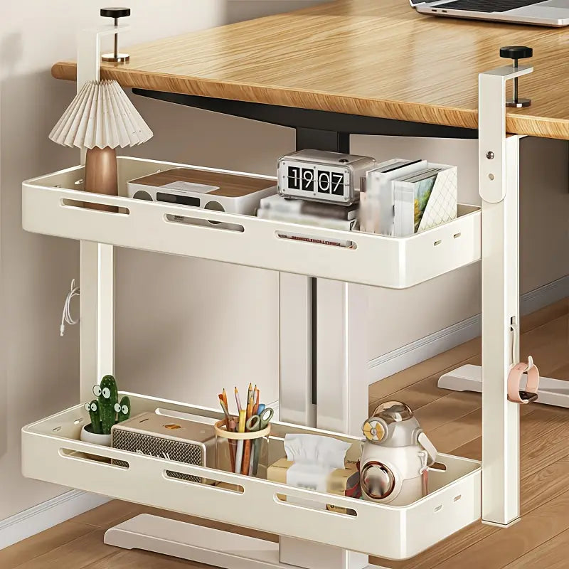 Elaria™ | Metal Desktop Organizer – 2-Tier with Adjustable Tray, 5 Hooks, Perfect for Office & Home