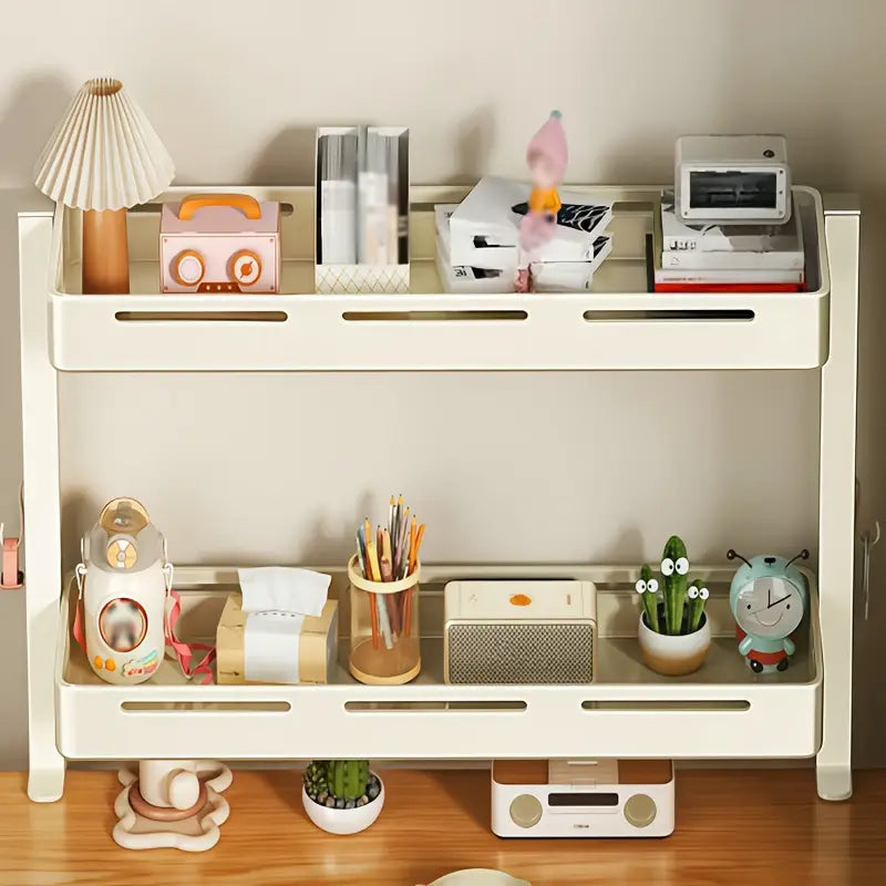 Elaria™ | Metal Desktop Organizer – 2-Tier with Adjustable Tray, 5 Hooks, Perfect for Office & Home