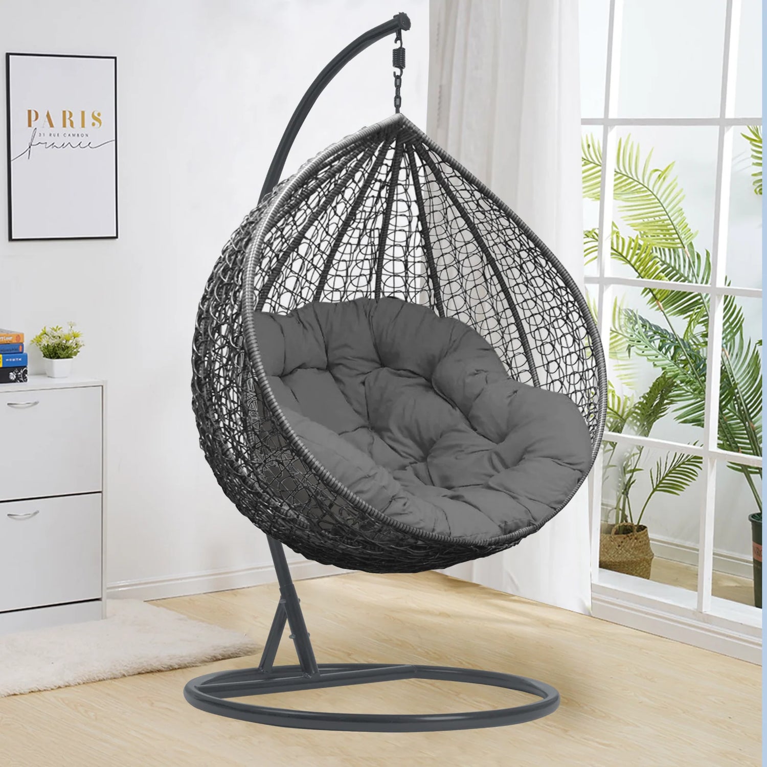 Nestiva™ | Rattan Swing Egg Chair – Indoor & Outdoor Hanging Chair with Cushion & Stand